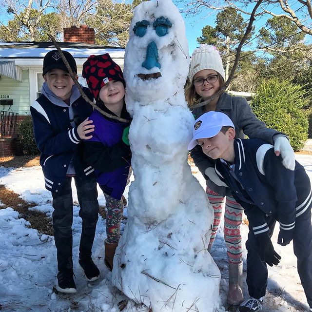 Yup, we got the tallest #snowman in the neighborhood over here. (So what if it looks like an Easter Island statue?) #snowday #Meliamae