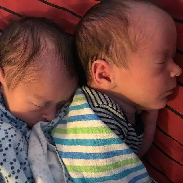 Your daily moment of twin. Passed out and snuggling after Mum Mum’s first double feeding. Your #dailymomentoftwin #milkdrunk #hookedonfawnix #dotseyduo #fawkesandphoenix #fawkespaul #phoenixhayden #twins #twinning #twinboys #identicaltwins